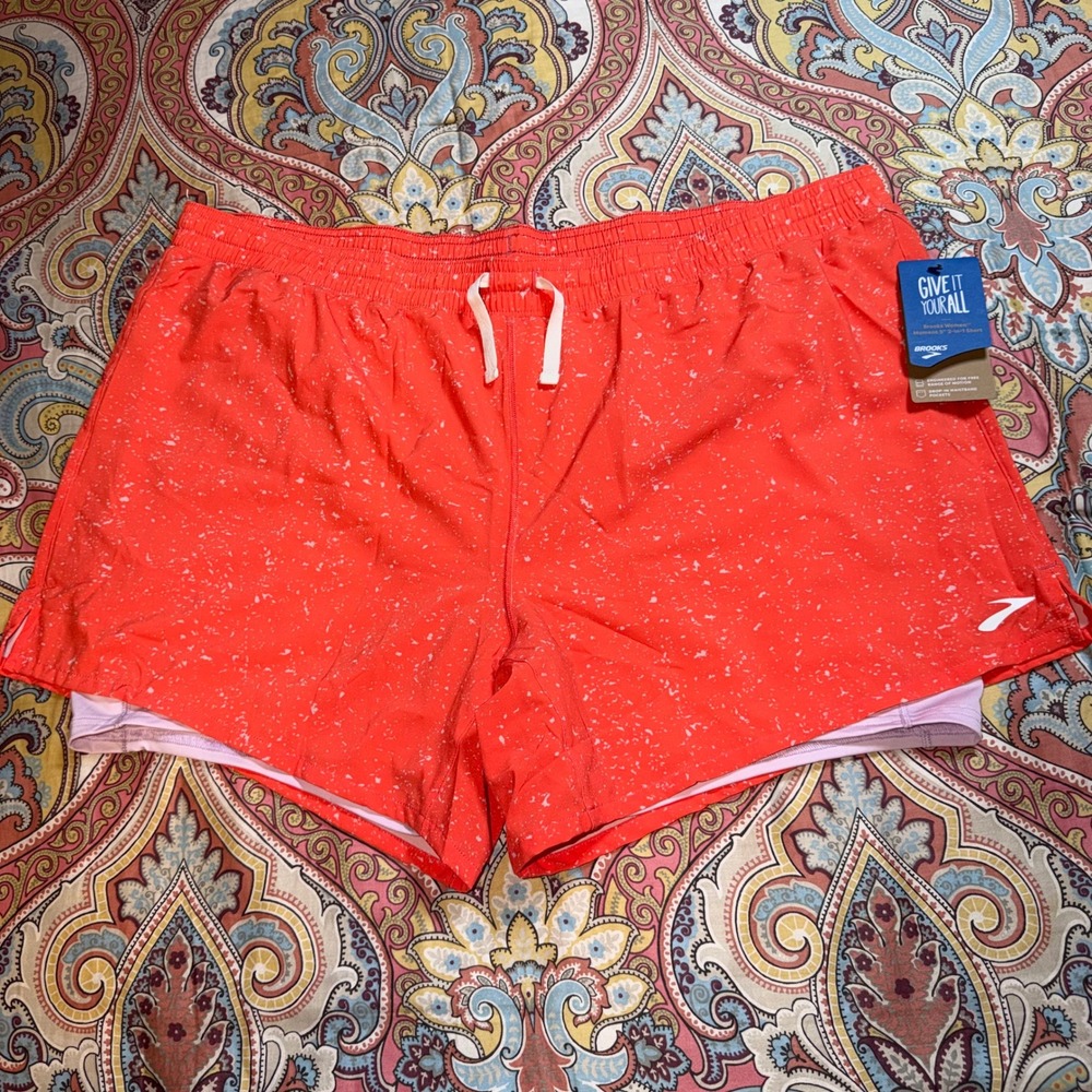 Brooks Womens Moment 5" 2-in-1 Running Shorts Orange Splatter XXL New